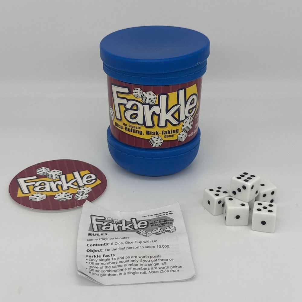 Farkle Classic Dice Game Blue Shaker Cup 6 Dice and Rules Complete Set